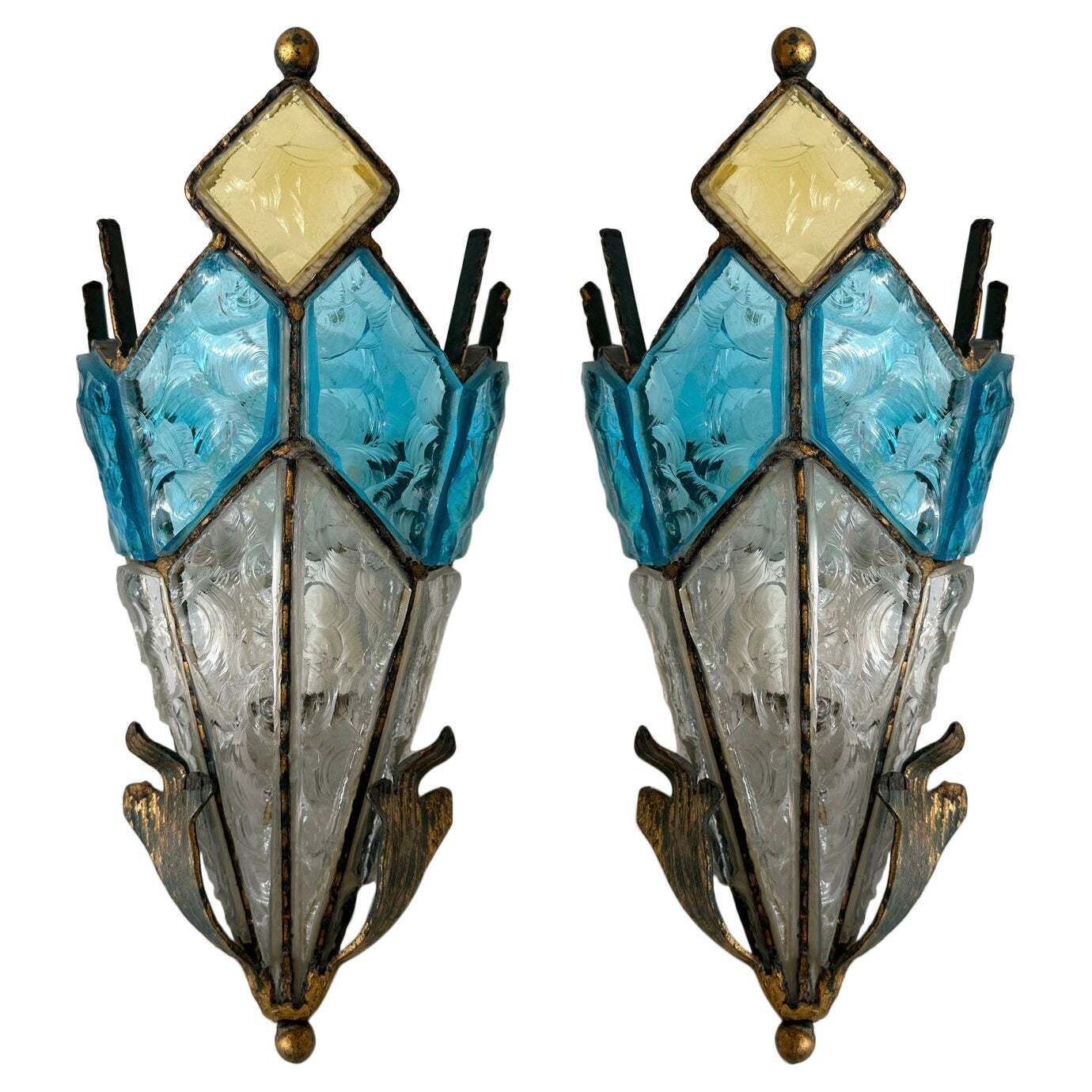 Pair Of Hammered Glass Wrought Iron Sconces By Longobard, Italy, 1970s