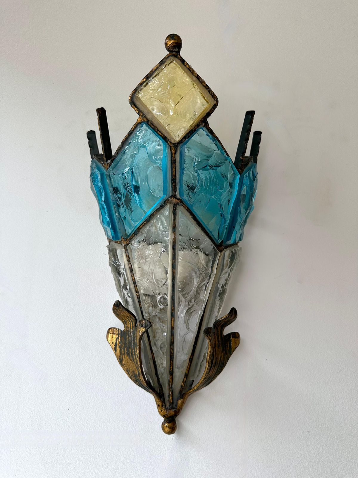 Pair Of Hammered Glass Wrought Iron Sconces By Longobard, Italy, 1970s photo for sale