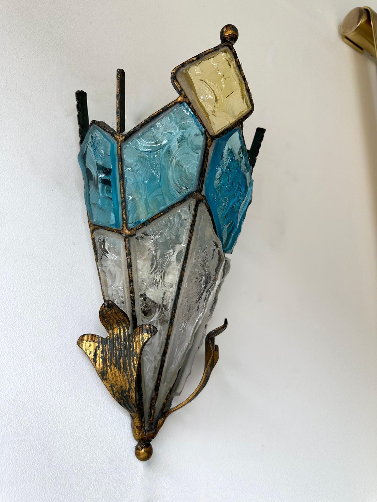 Pair Of Hammered Glass Wrought Iron Sconces By Longobard, Italy, 1970s photo 3592.0