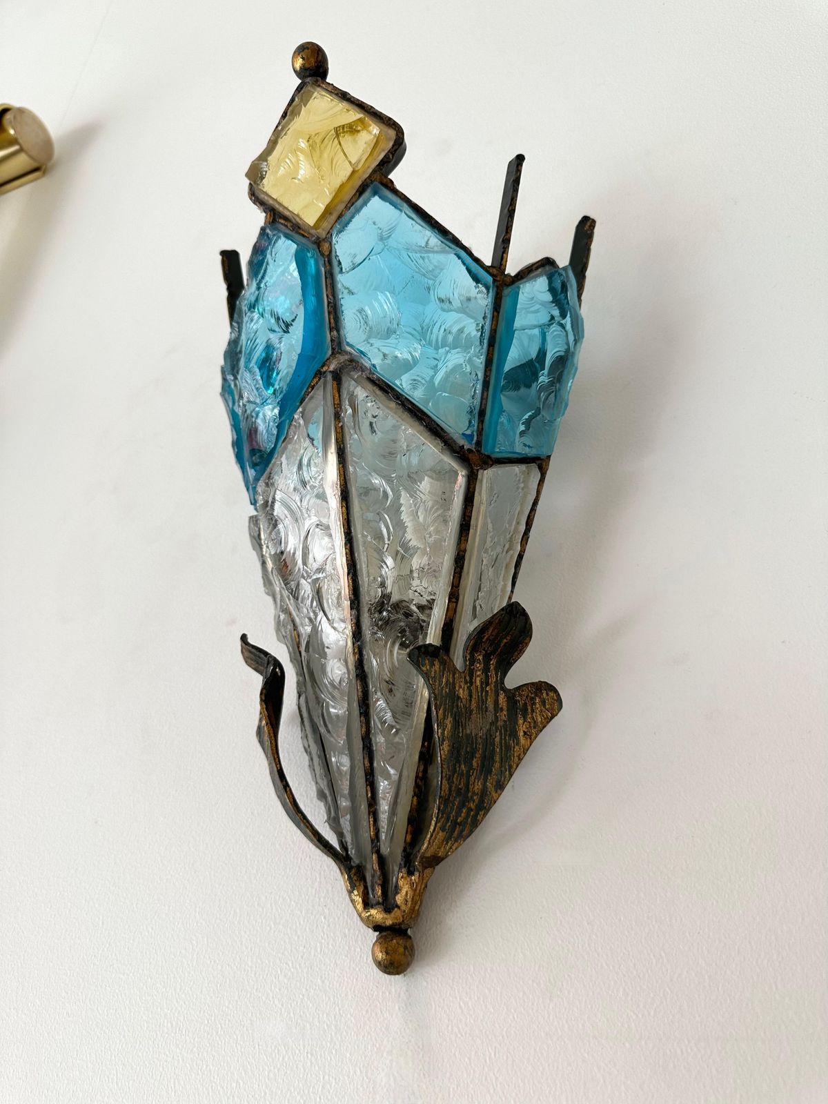 photo furniture Pair Of Hammered Glass Wrought Iron Sconces By Longobard, Italy, 1970s