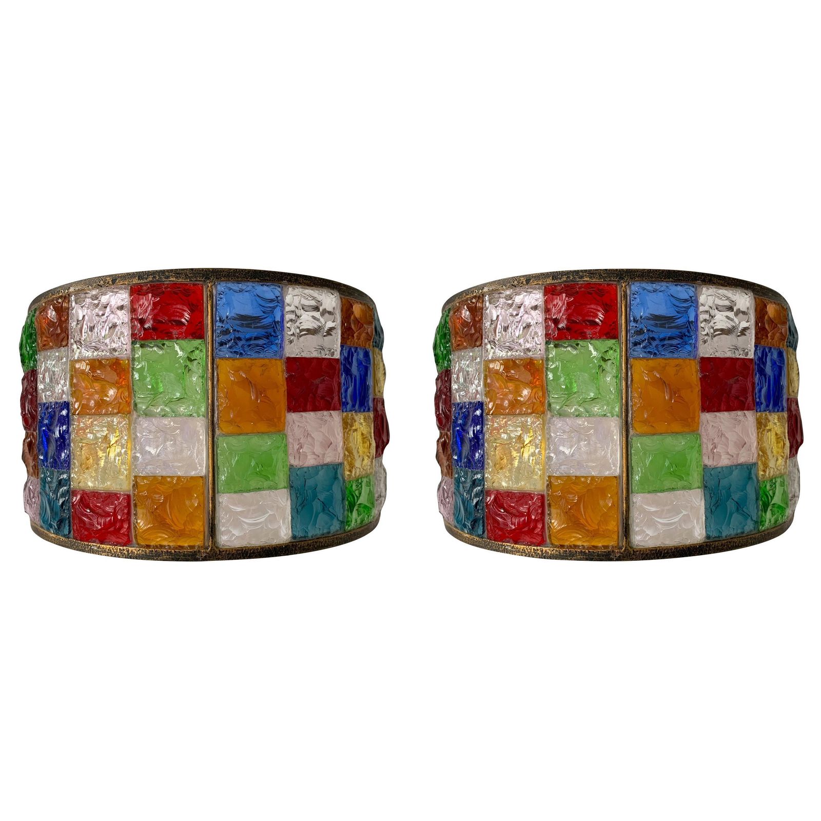 Pair Of Glass And Gilt Iron Checkerboard Sconces By Longobard, Italy, 1970s