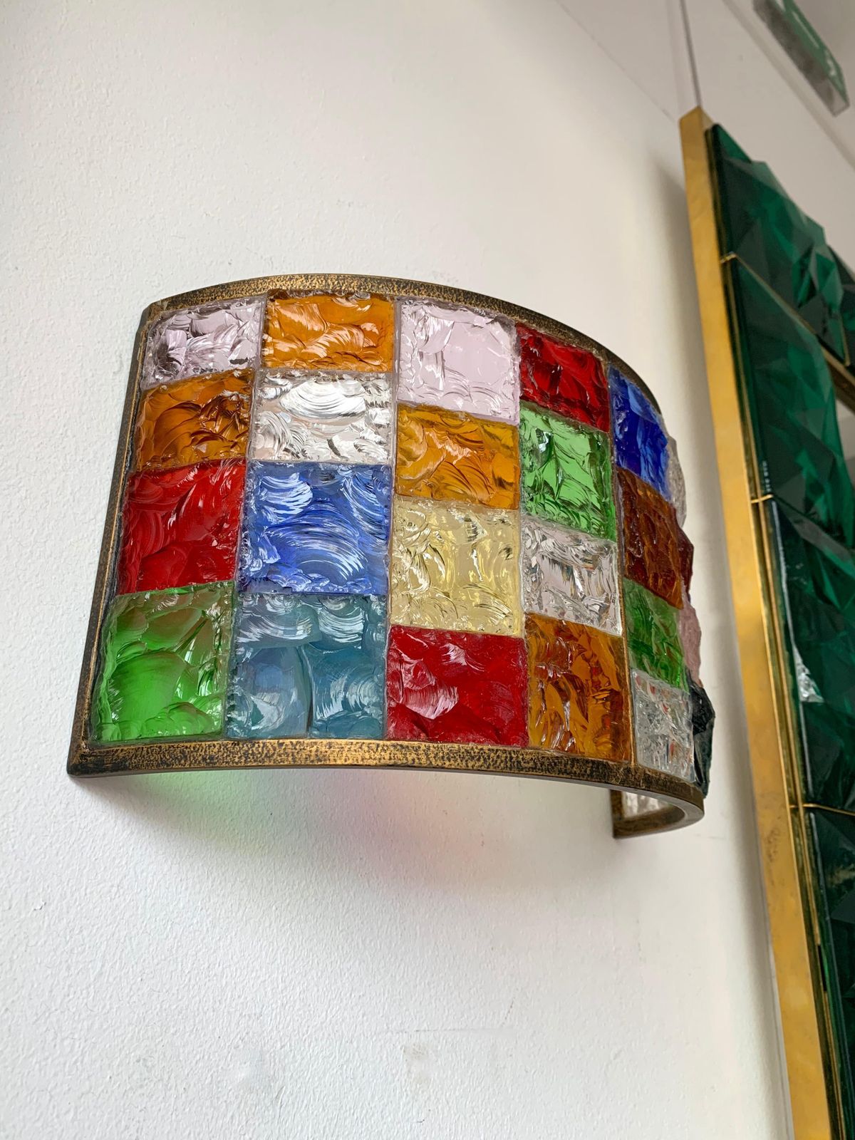 Pair Of Glass And Gilt Iron Checkerboard Sconces By Longobard, Italy, 1970s photo buy