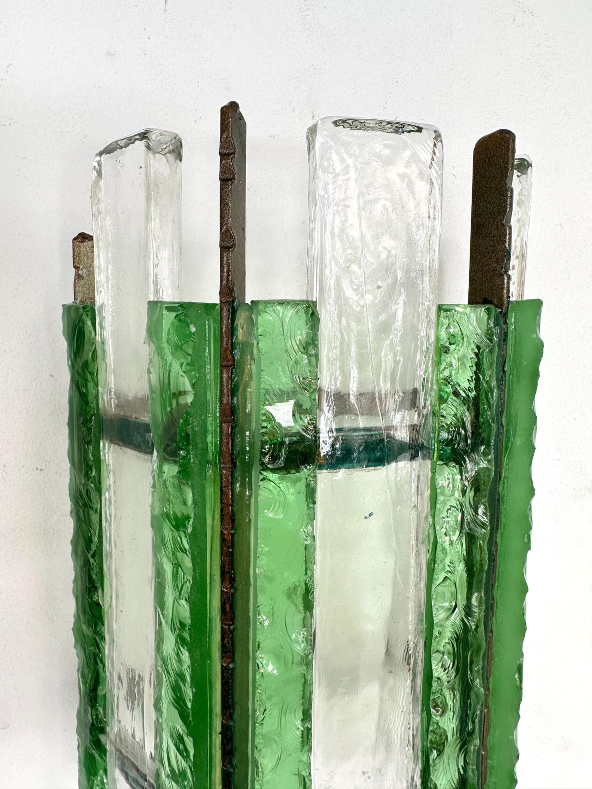 Pair Of Hammered Glass Wrought Iron Sconces By Longobard, Italy, 1970s photo Lighting