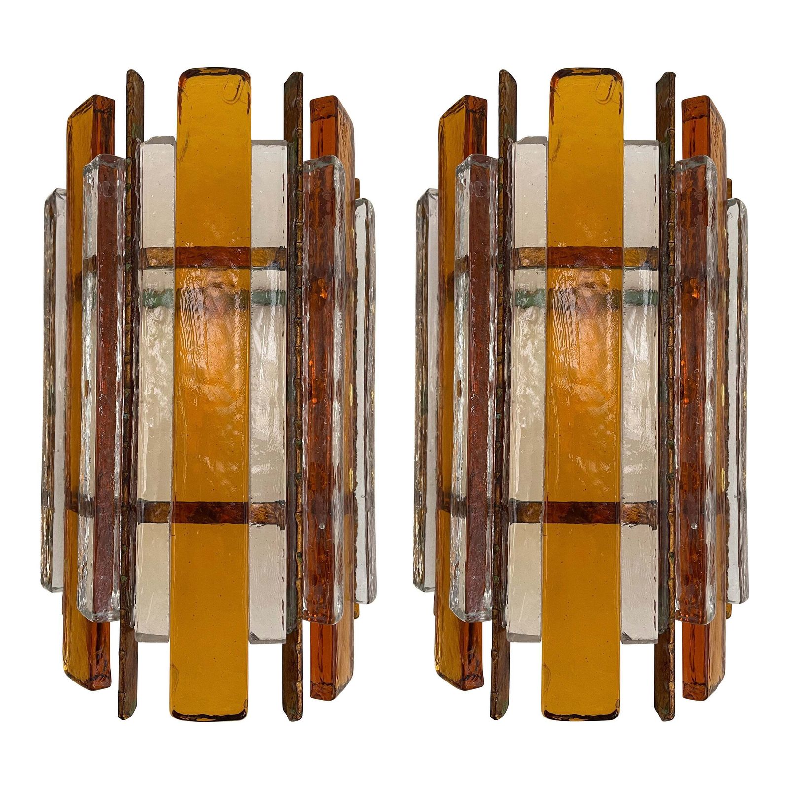 Pair Of Hammered Glass Wrought Iron Sconces By Longobard, Italy, 1970s