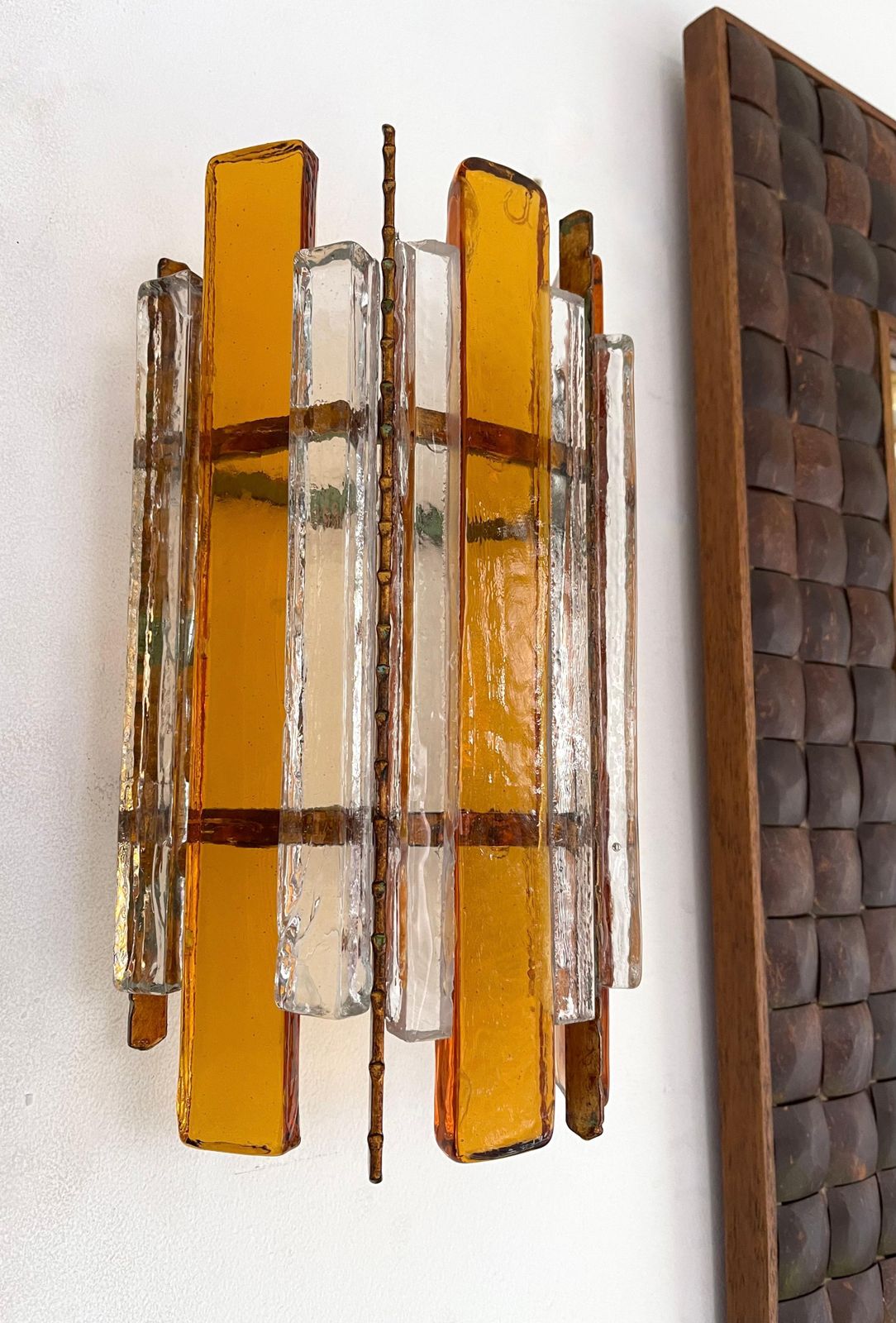 Pair Of Hammered Glass Wrought Iron Sconces By Longobard, Italy, 1970s photo Lighting