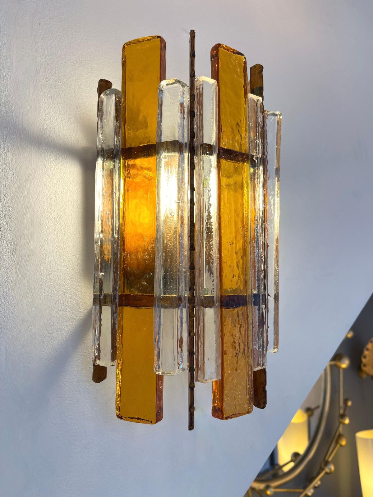 Pair Of Hammered Glass Wrought Iron Sconces By Longobard, Italy, 1970s photo vinterior