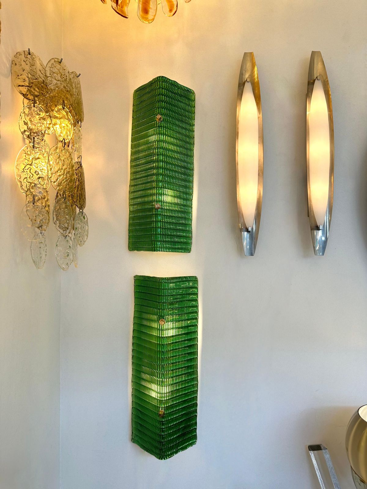 Contemporary Pair Of Brass And Green Folded Leaf Murano Glass Sconces, Italy photo Lighting