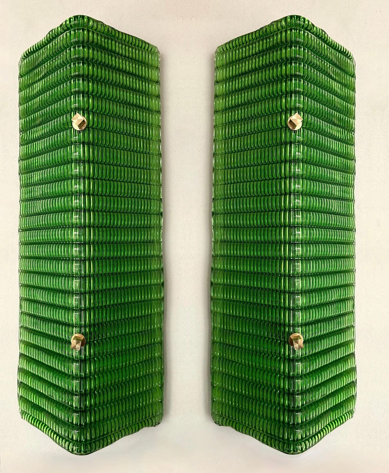 Contemporary Pair Of Brass And Green Folded Leaf Murano Glass Sconces, Italy photo buy