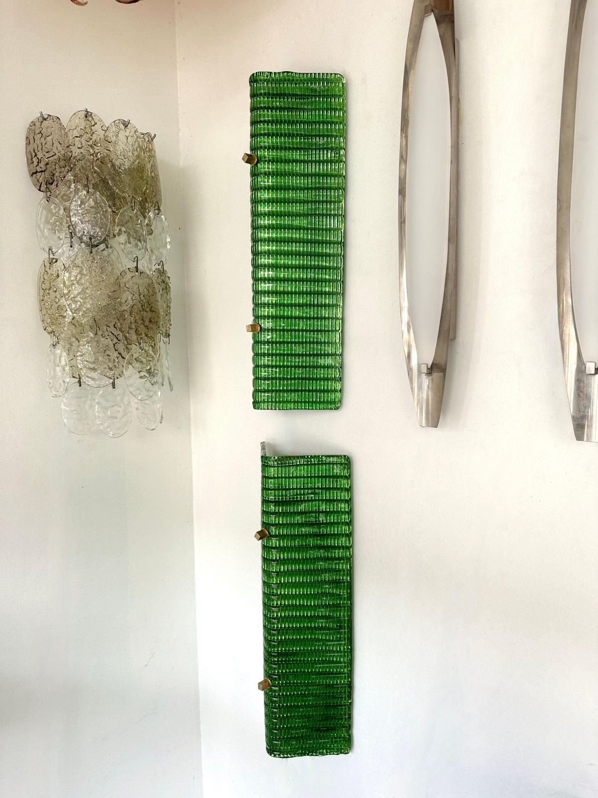photo furniture Contemporary Pair Of Brass And Green Folded Leaf Murano Glass Sconces, Italy