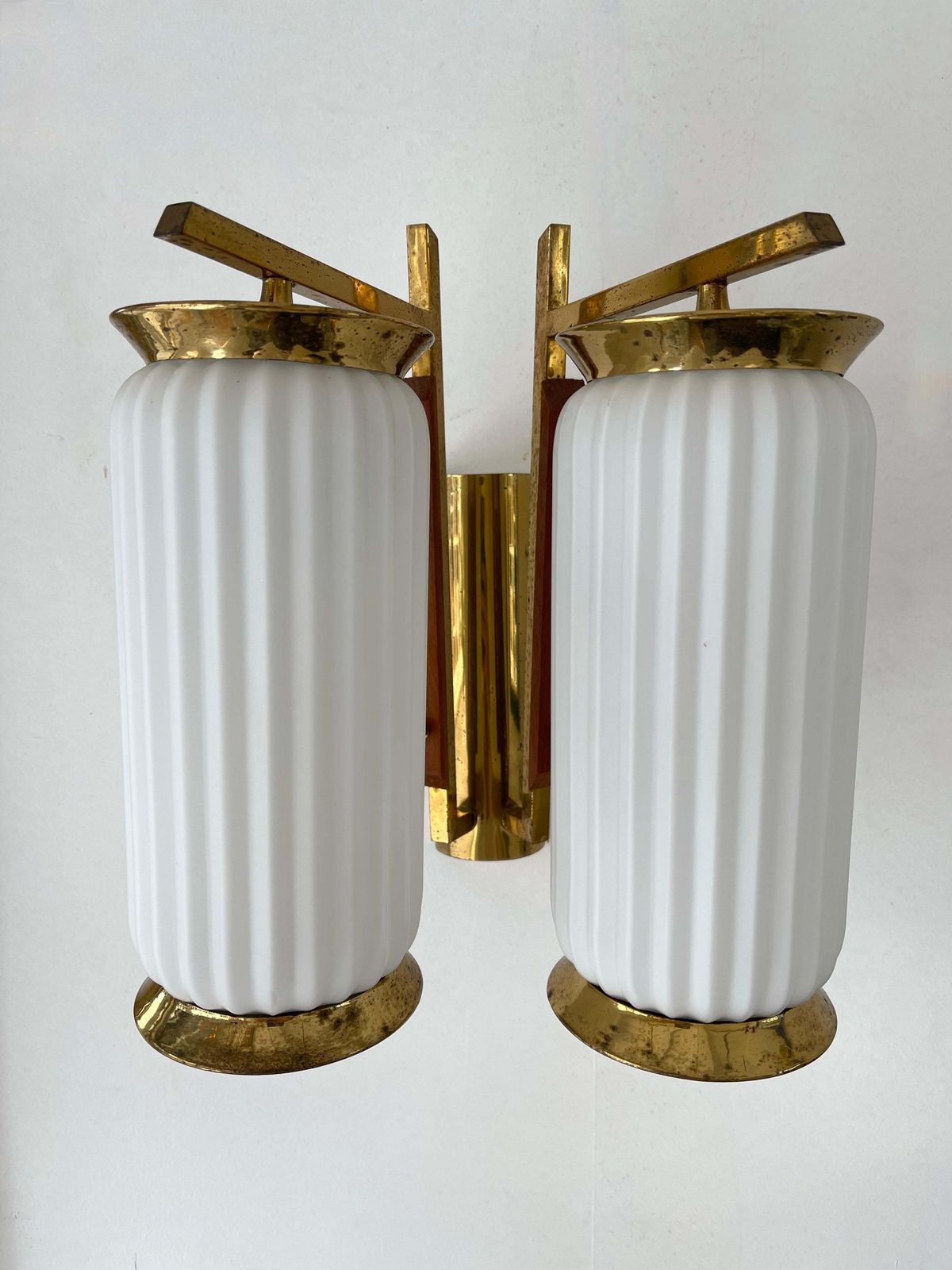 Mid Century Modern Pair Of Brass And Opaline Glass Barrel Sconces, Italy, 1950s photo Lighting