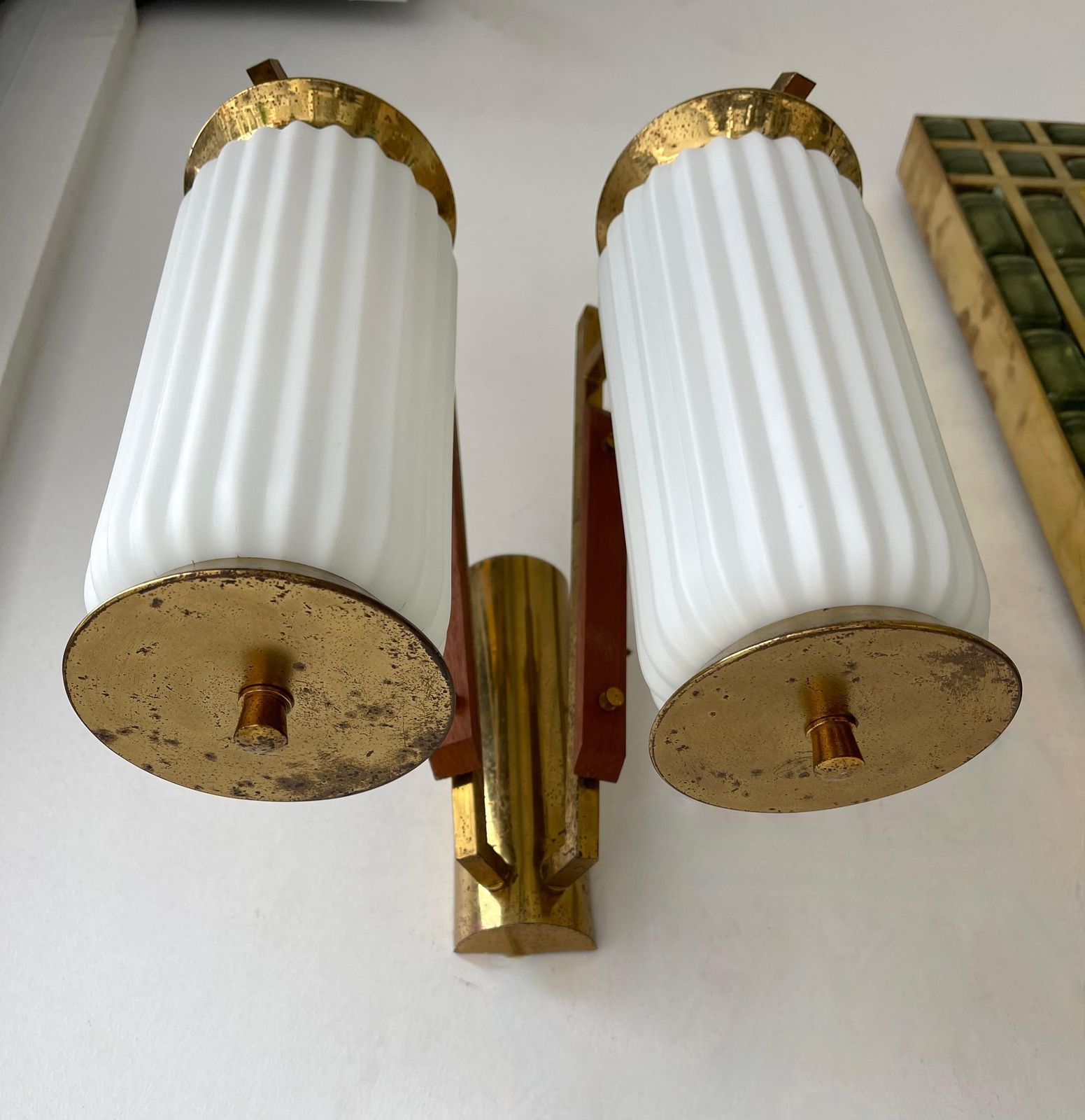Lighting Mid Century Modern Pair Of Brass And Opaline Glass Barrel Sconces, Italy, 1950s photo