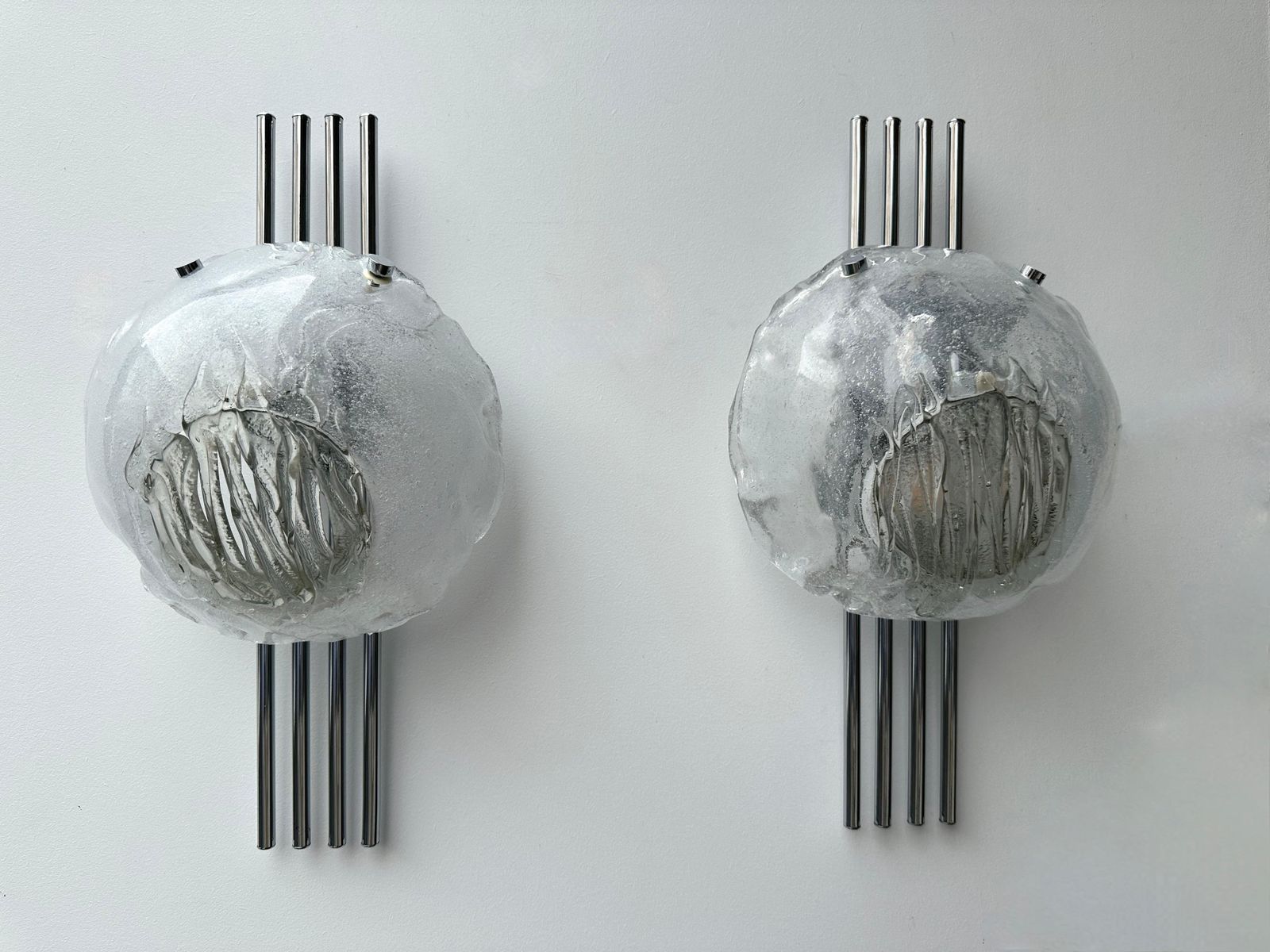 Pair Of Murano Glass And Metal Chrome Sconces By Esperia. Italy, 1970s photo 3678.0