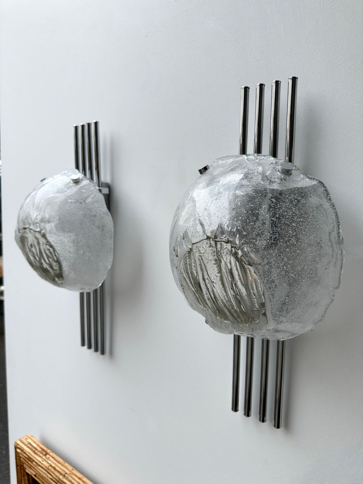 Pair Of Murano Glass And Metal Chrome Sconces By Esperia. Italy, 1970s photo vintage