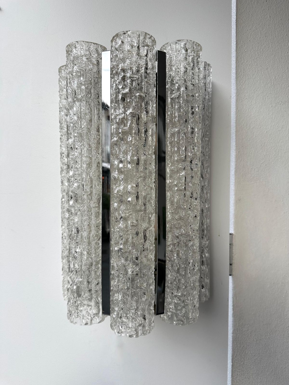 Pair Of Glass Tube And Metal Chrome Sconces By Doria Leuchten. Germany, 1970s photo 3849.0