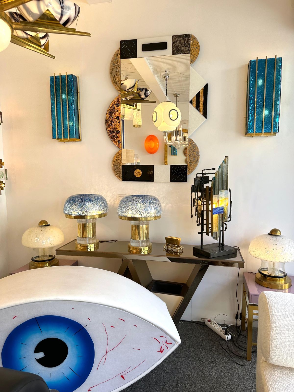 Contemporary Pair Of Brass And Blue Murano Glass Sconces, Italy photo Lighting