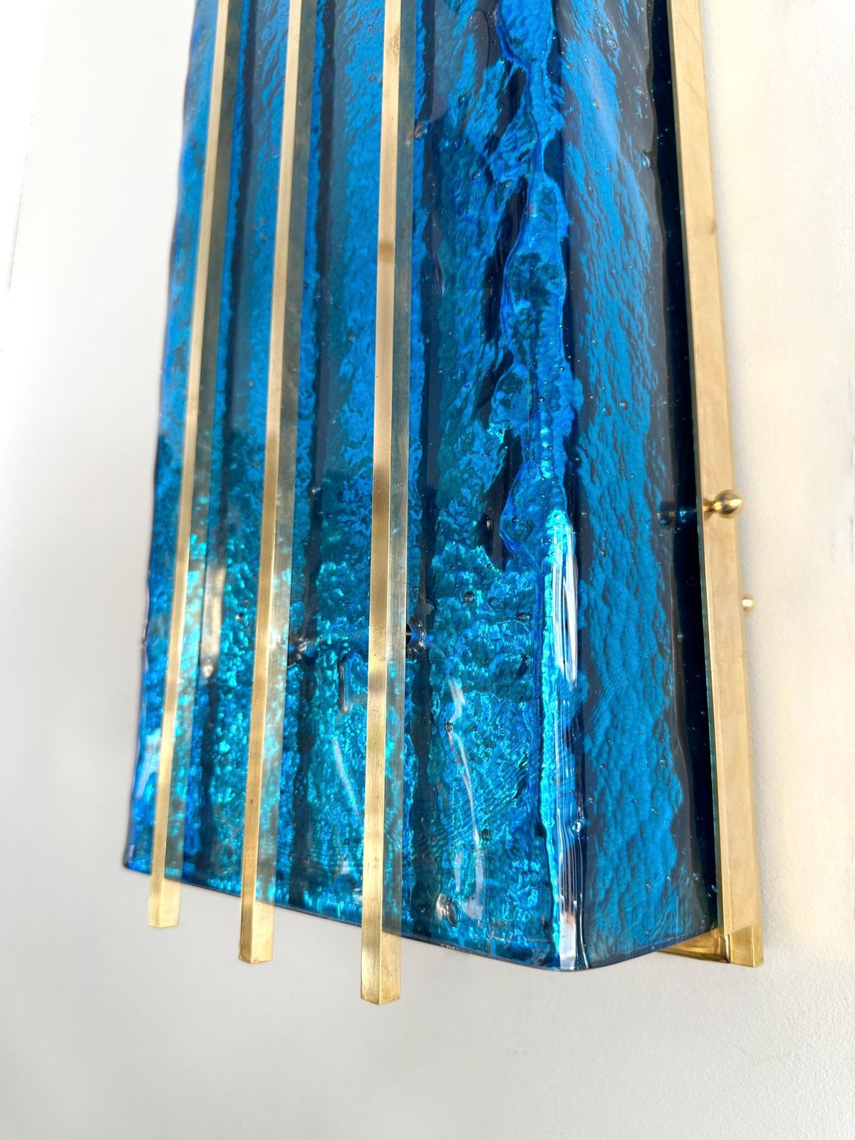 Contemporary Pair Of Brass And Blue Murano Glass Sconces, Italy photo vintage