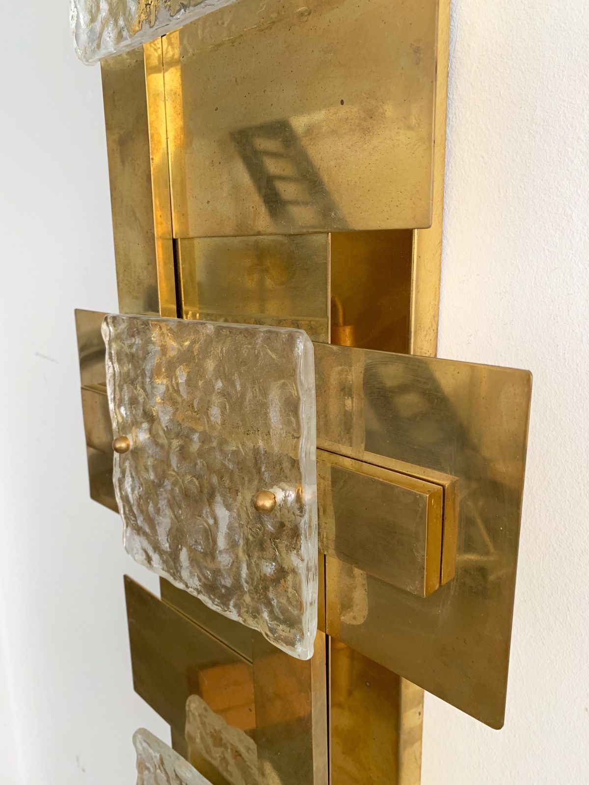 Contemporary Pair Of Brass Sconces Geometrical Murano Glass, Italy photo 3849.0
