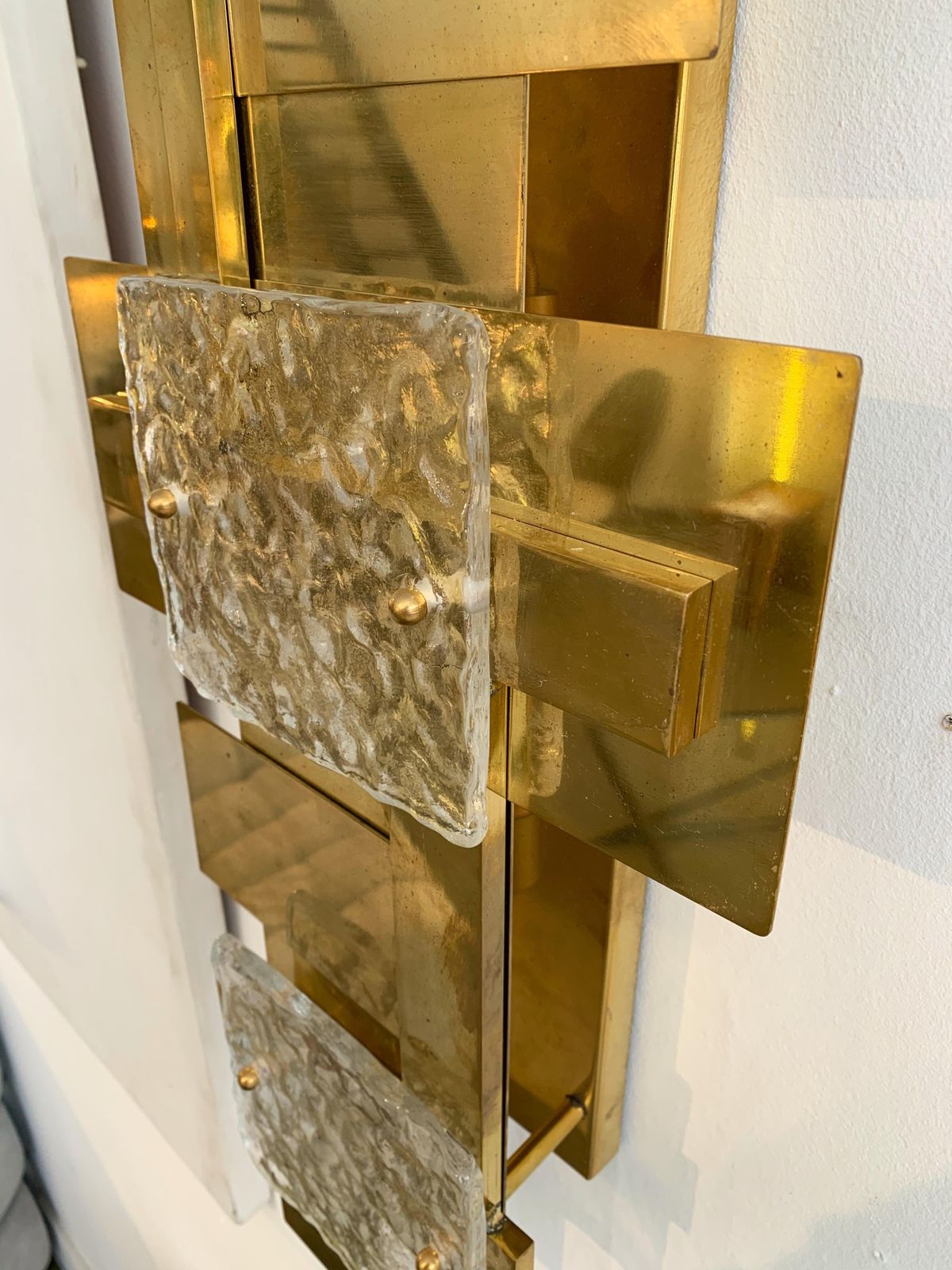Contemporary Pair Of Brass Sconces Geometrical Murano Glass, Italy photo vintage