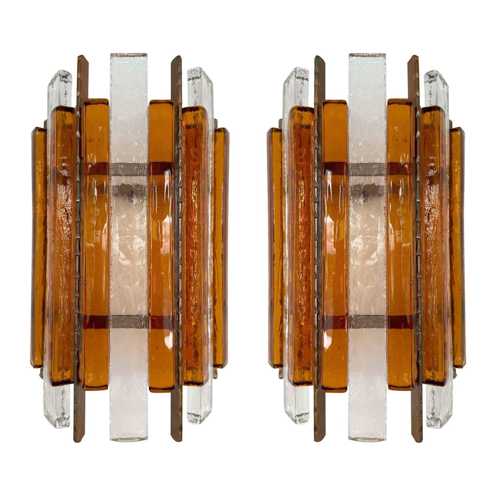Pair Of Hammered Glass Wrought Iron Sconces By Longobard, Italy, 1970s