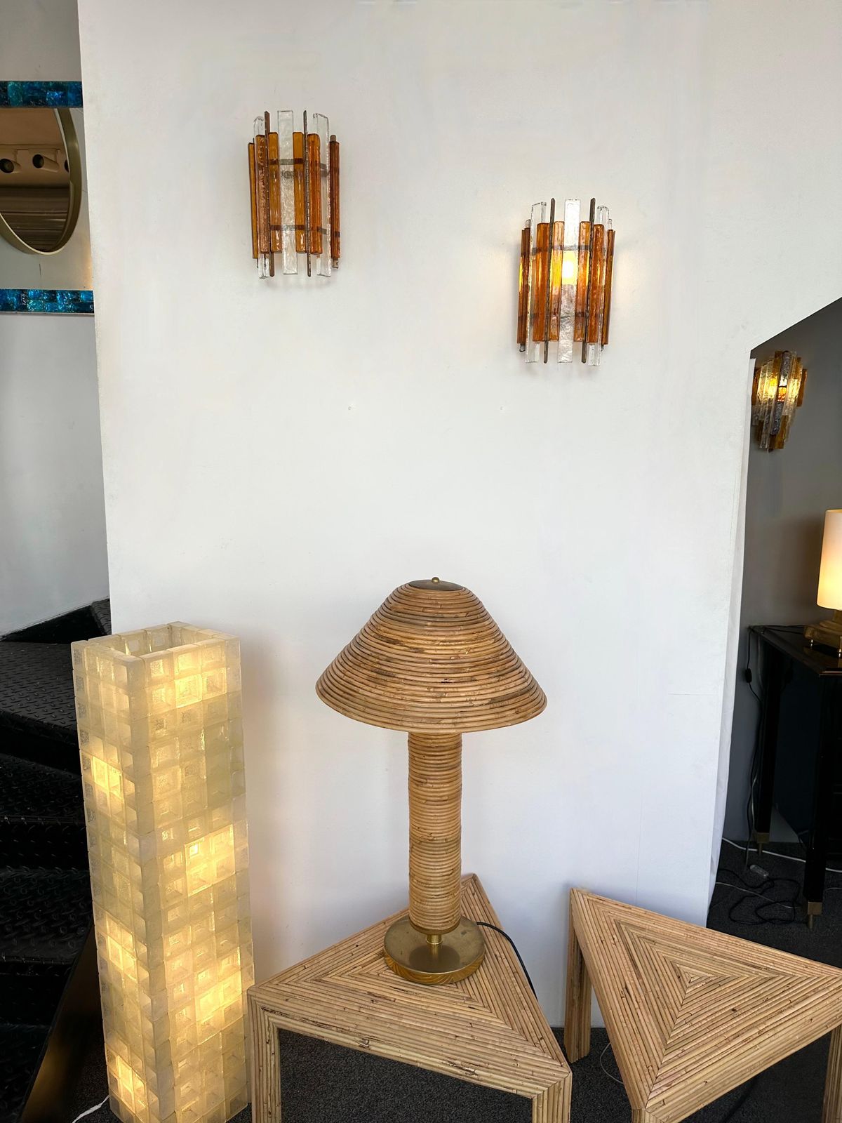 Pair Of Hammered Glass Wrought Iron Sconces By Longobard, Italy, 1970s photo Lighting