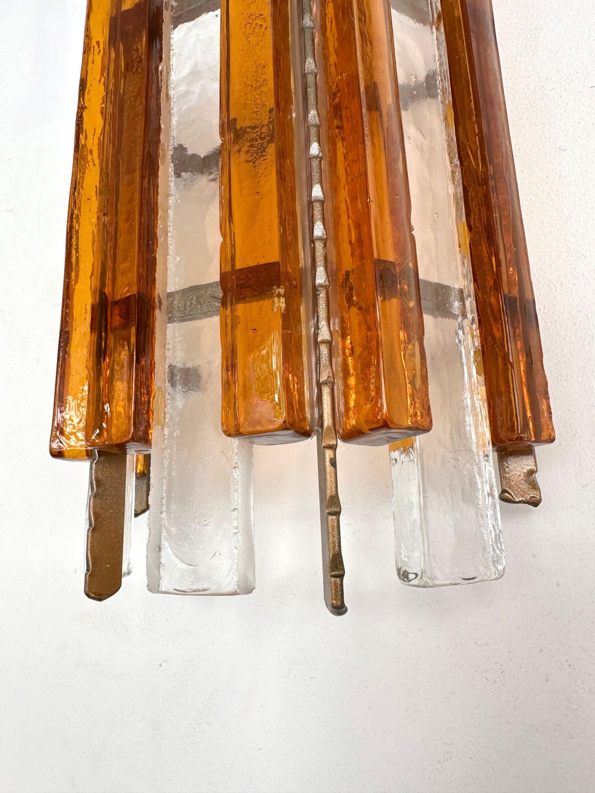 Lighting Pair Of Hammered Glass Wrought Iron Sconces By Longobard, Italy, 1970s photo