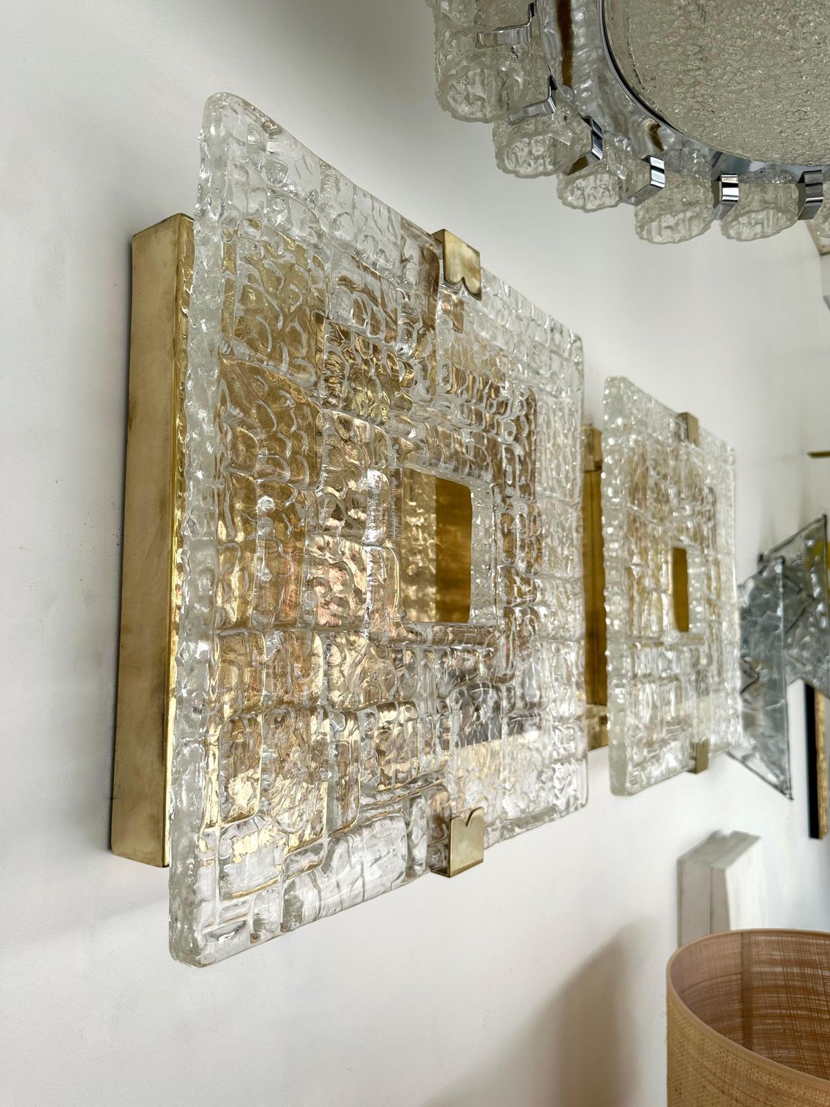 photo furniture Contemporary Pair Of Sconces Brass And Murano Glass Textured Blade, Italy