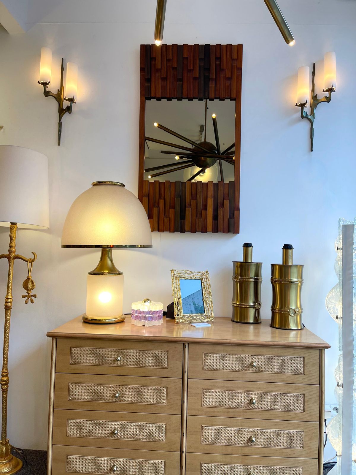 Pair Of Gilt Bronze And Opaline Glass Sconces By Maison Arlus, France, 1960s photo for sale