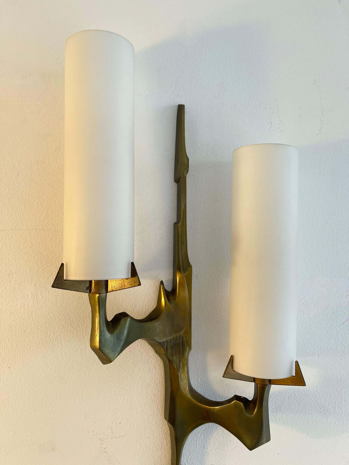 Pair Of Gilt Bronze And Opaline Glass Sconces By Maison Arlus, France, 1960s photo Lighting