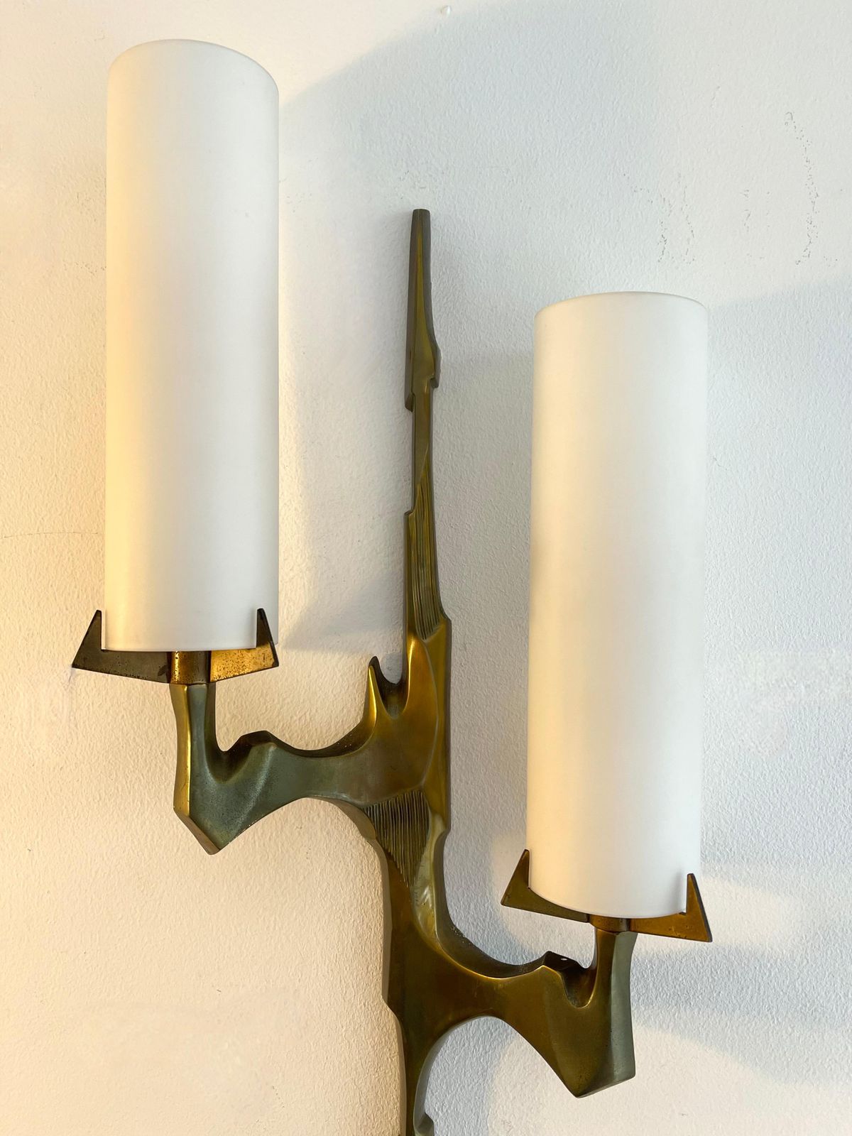 Pair Of Gilt Bronze And Opaline Glass Sconces By Maison Arlus, France, 1960s photo vinterior