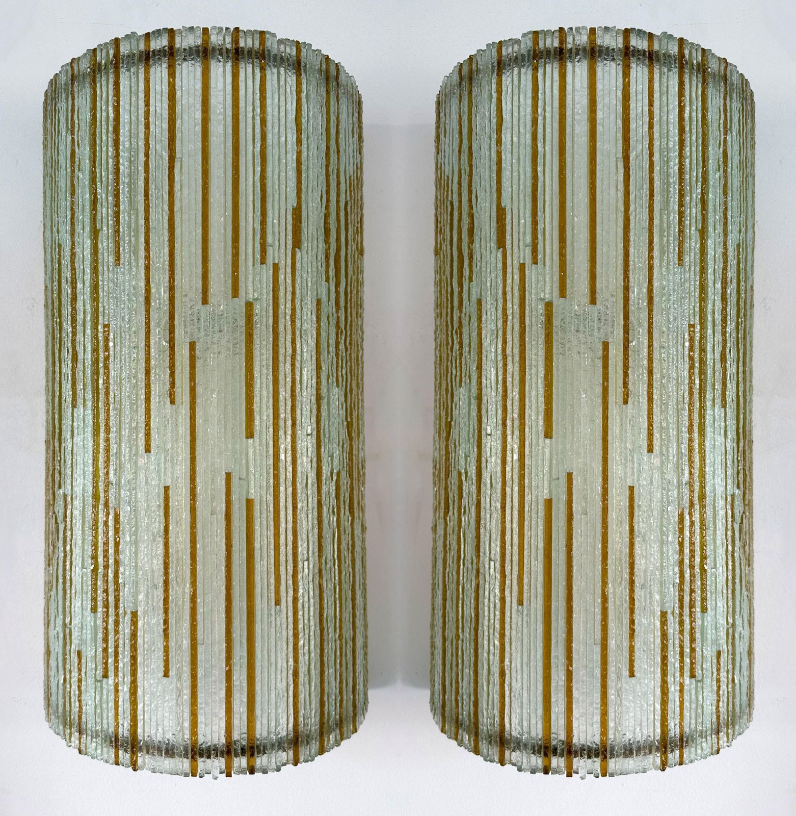 4704.0 Large Pair Of Hammered Amber Glass Ice Sconces By Poliarte, Italy, 1970s photo