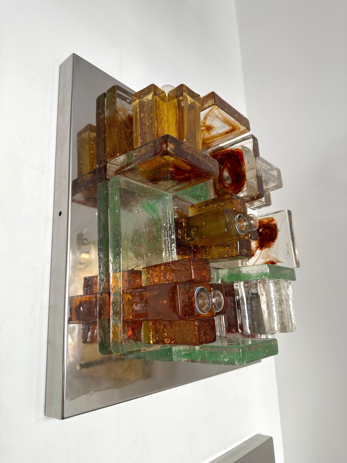 Pair Of Geometry Glass Construction Metal Sconces By Poliarte, Italy, 1970s photo furniture