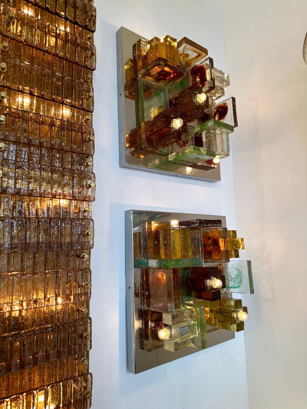 Pair Of Geometry Glass Construction Metal Sconces By Poliarte, Italy, 1970s photo vinterior