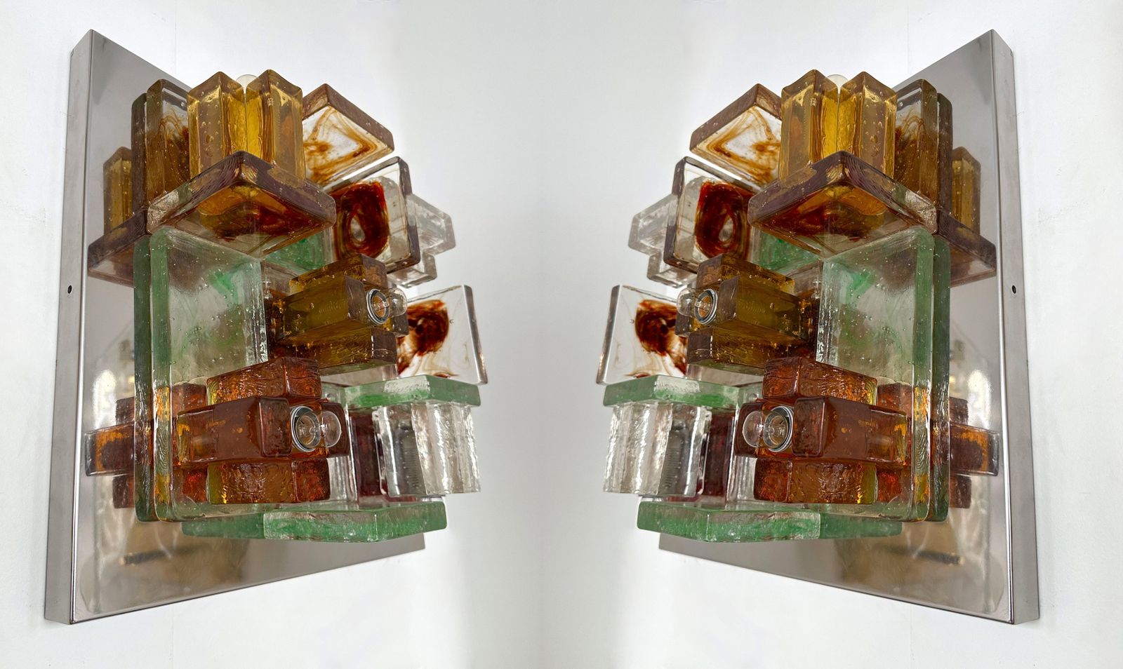 photo for sale Pair Of Geometry Glass Construction Metal Sconces By Poliarte, Italy, 1970s