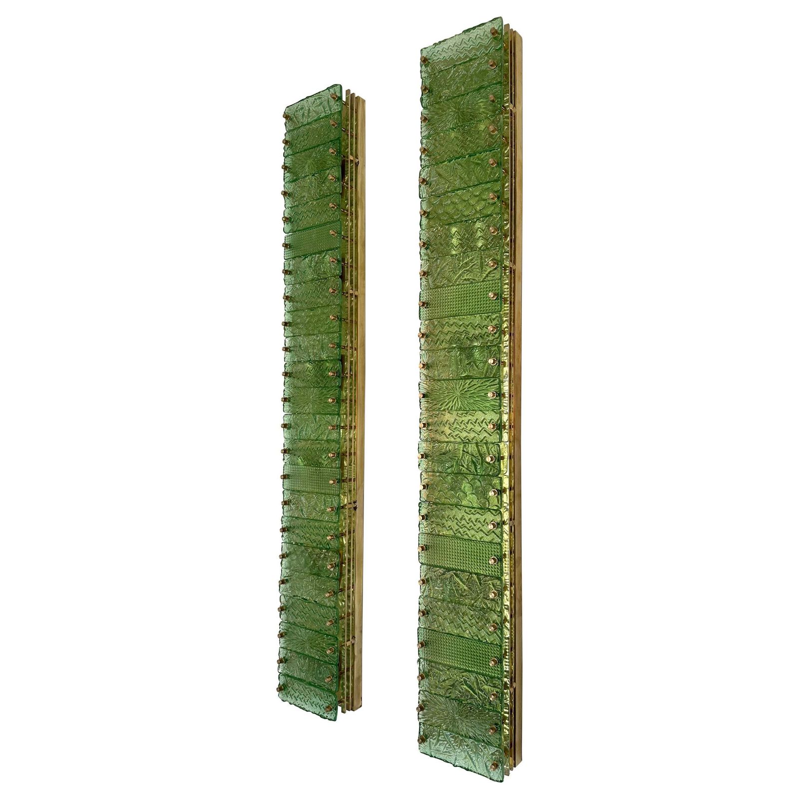 Large Contemporary Pair Of Brass Green Gold Leaf Murano Glass Sconces, Italy