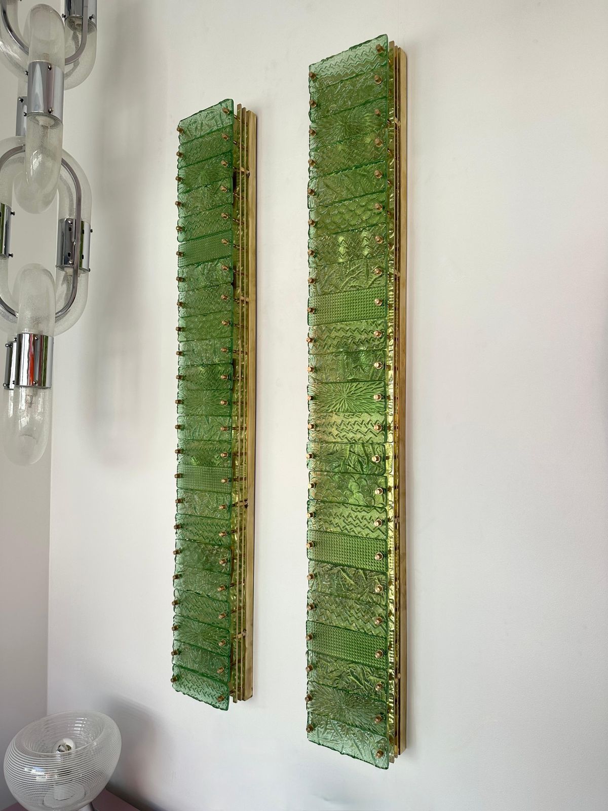 Large Contemporary Pair Of Brass Green Gold Leaf Murano Glass Sconces, Italy photo 6585.0