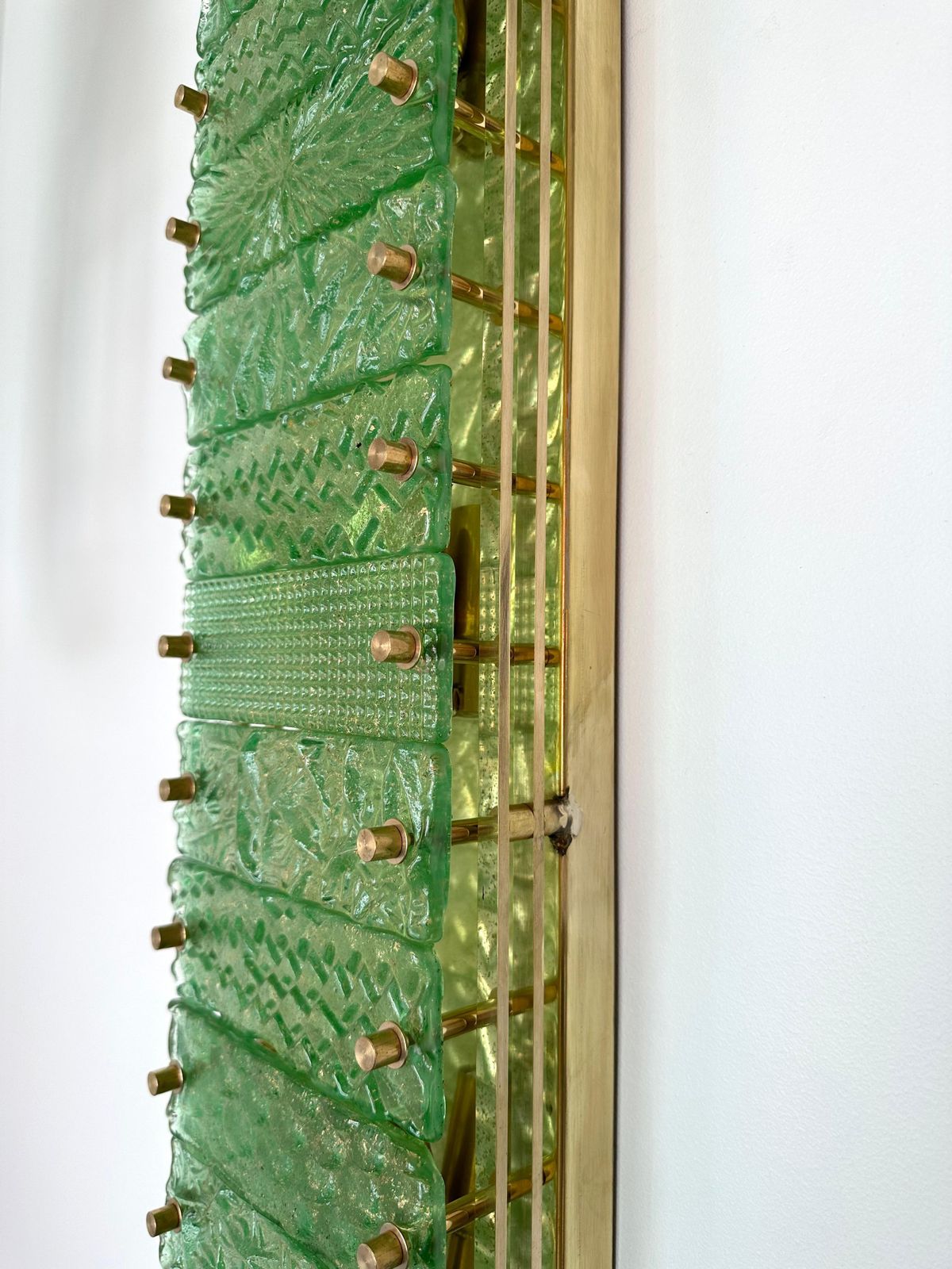 Large Contemporary Pair Of Brass Green Gold Leaf Murano Glass Sconces, Italy photo buy