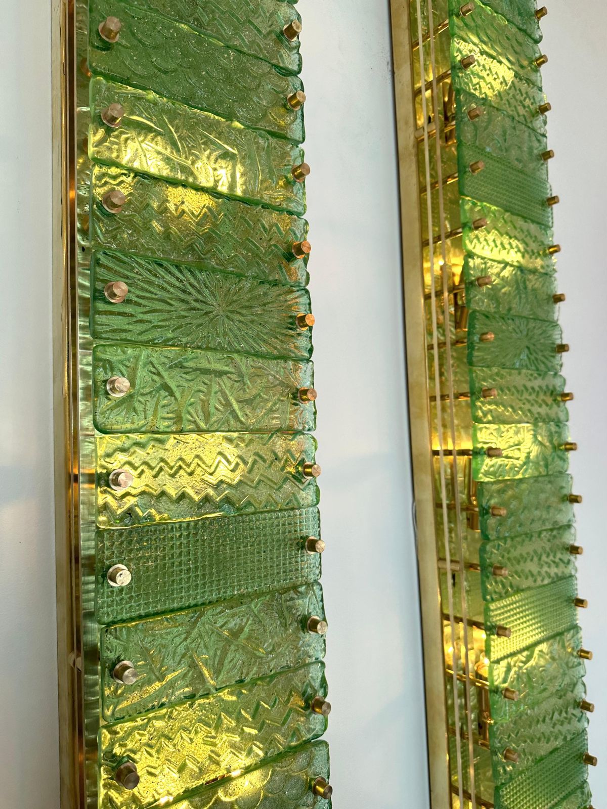 Lighting Large Contemporary Pair Of Brass Green Gold Leaf Murano Glass Sconces, Italy photo