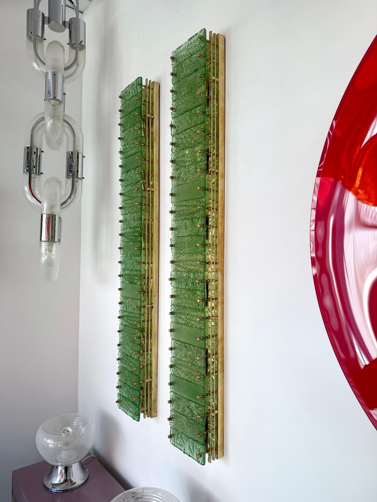 6585.0 Large Contemporary Pair Of Brass Green Gold Leaf Murano Glass Sconces, Italy photo