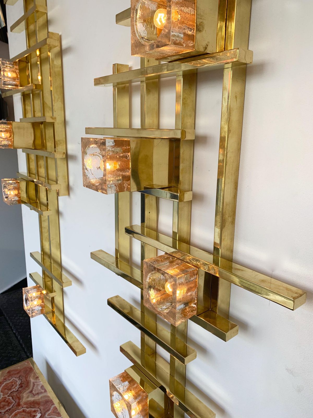 Pair Of Contemporary Brass Murano Glass Cubic Sconces, Italy photo Lighting
