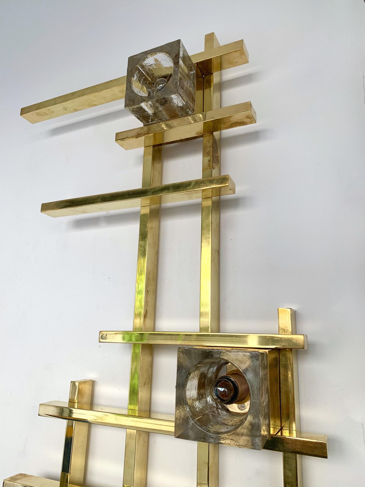 Pair Of Contemporary Brass Murano Glass Cubic Sconces, Italy photo vinterior
