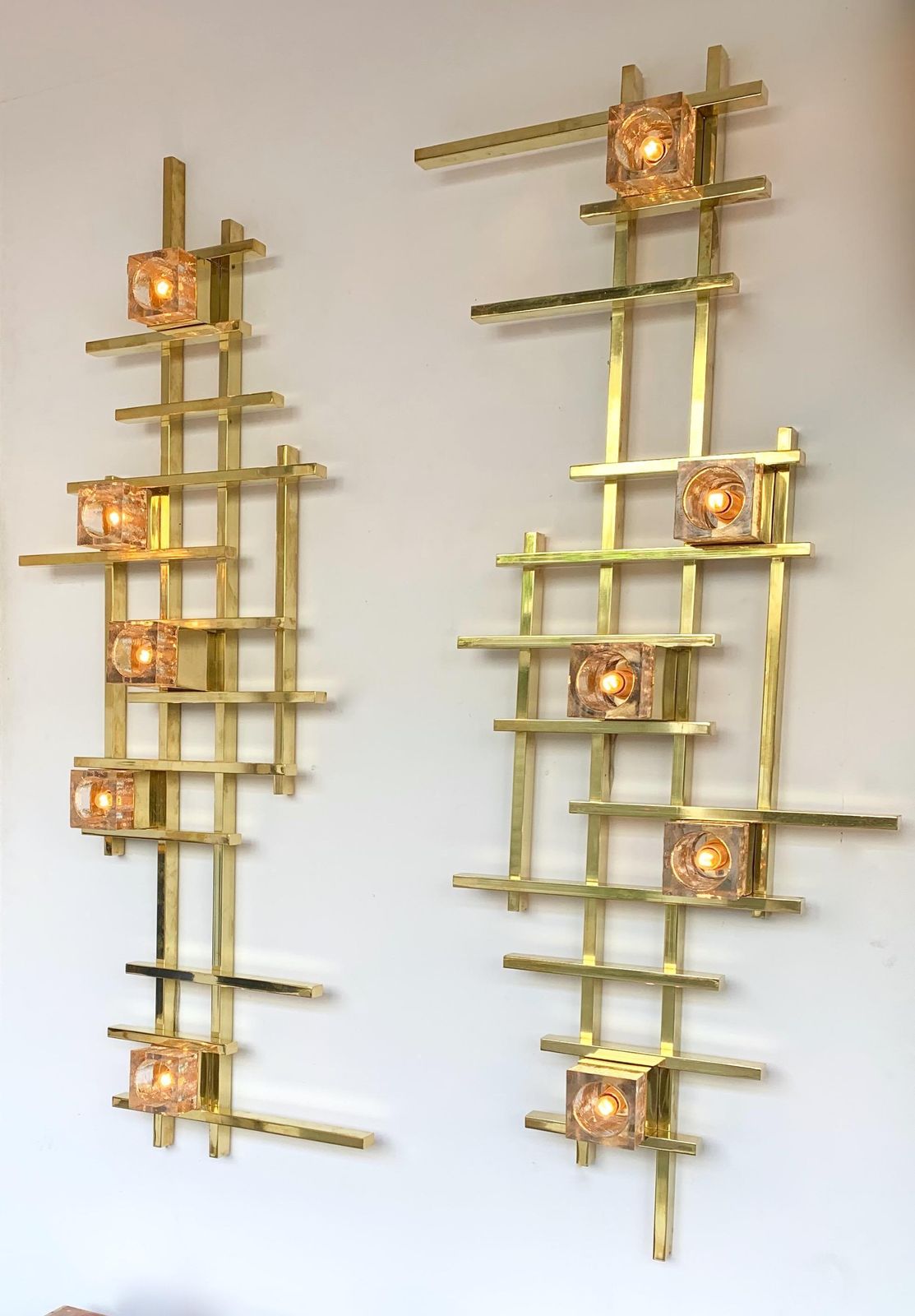 Pair Of Contemporary Brass Murano Glass Cubic Sconces, Italy photo vintage