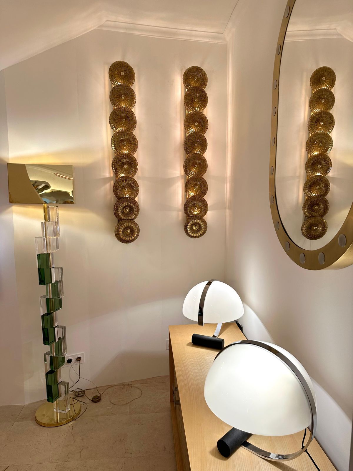 Large Contemporary Pair Of Brass Gold Leaf Murano Glass Sconces, Italy photo furniture