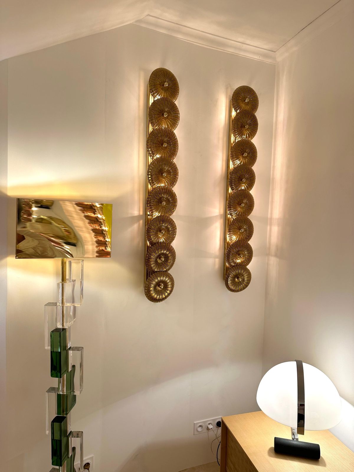 Large Contemporary Pair Of Brass Gold Leaf Murano Glass Sconces, Italy photo vinterior