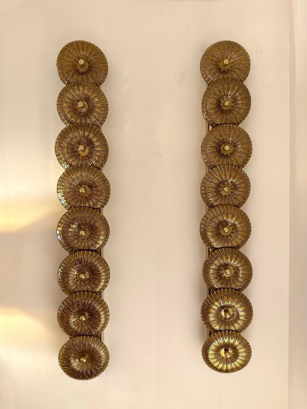 photo for sale Large Contemporary Pair Of Brass Gold Leaf Murano Glass Sconces, Italy