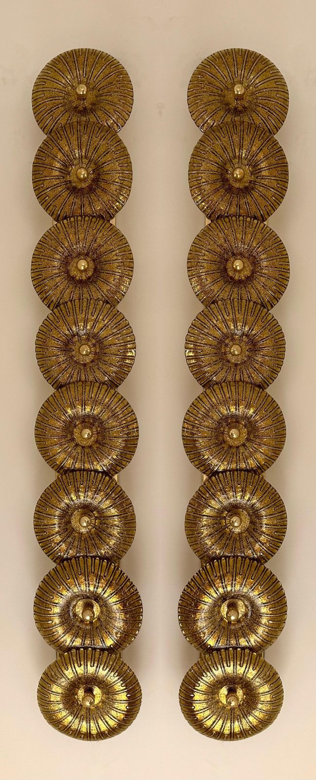 Lighting Large Contemporary Pair Of Brass Gold Leaf Murano Glass Sconces, Italy photo