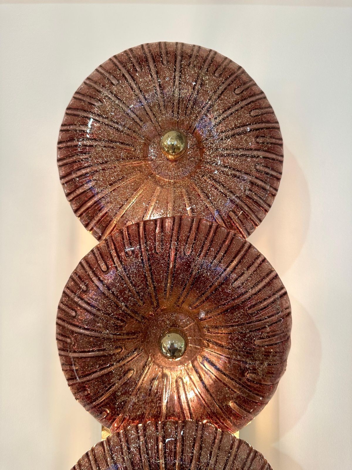 Large Contemporary Pair Of Brass Pink Gold Leaf Murano Glass Sconces, Italy photo furniture
