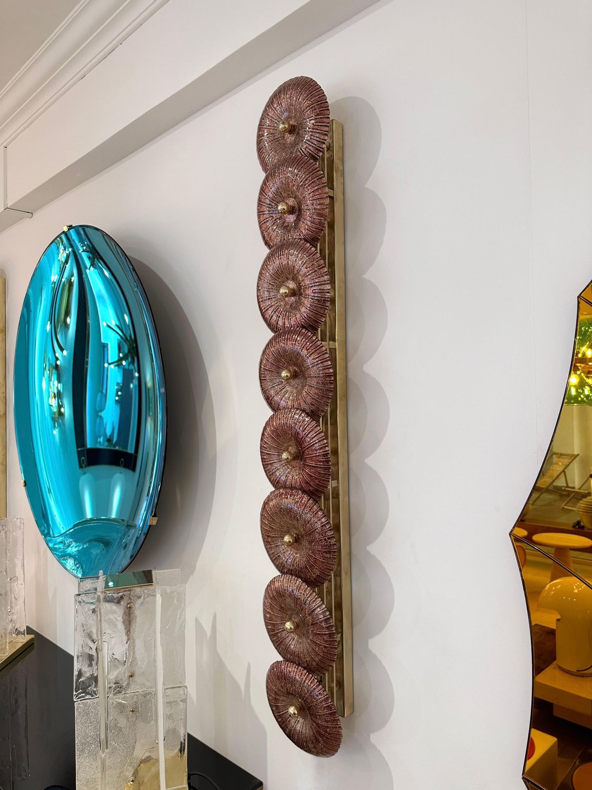 Large Contemporary Pair Of Brass Pink Gold Leaf Murano Glass Sconces, Italy photo buy