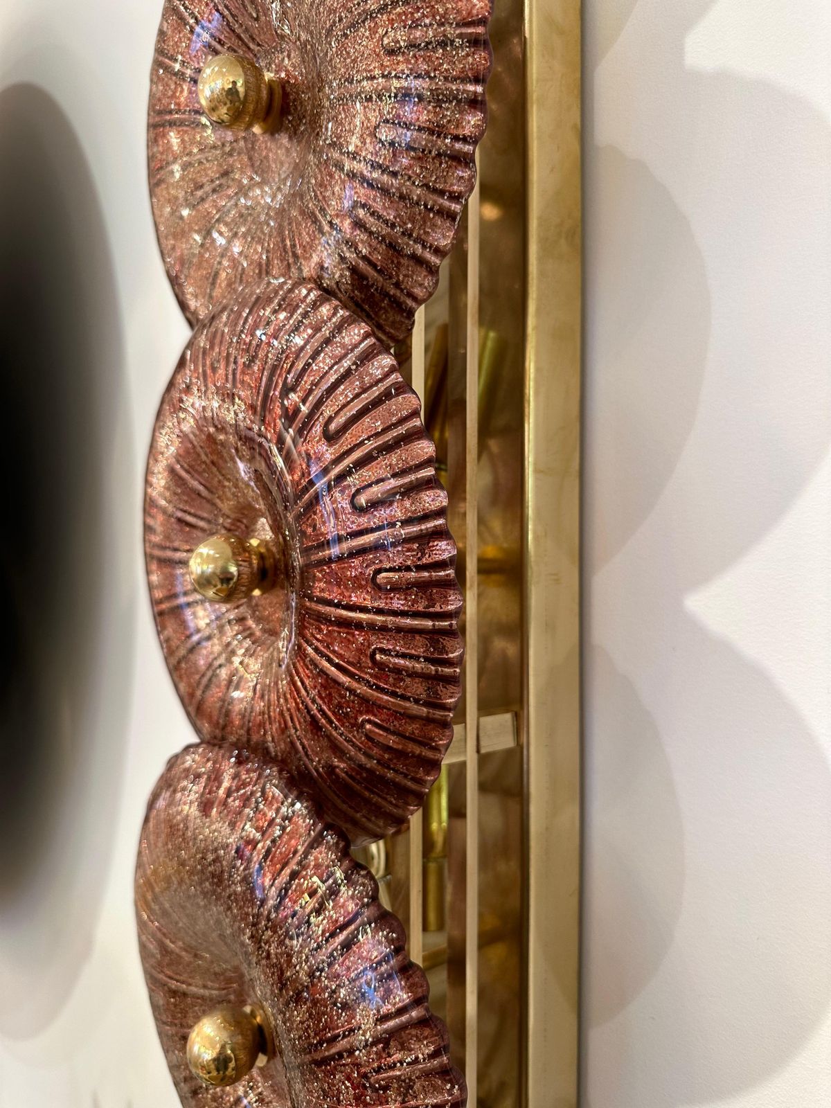 Lighting Large Contemporary Pair Of Brass Pink Gold Leaf Murano Glass Sconces, Italy photo