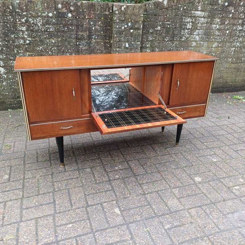Mid Century Vintage Retro French Cocktail Sideboard With Illuminated Bar Section