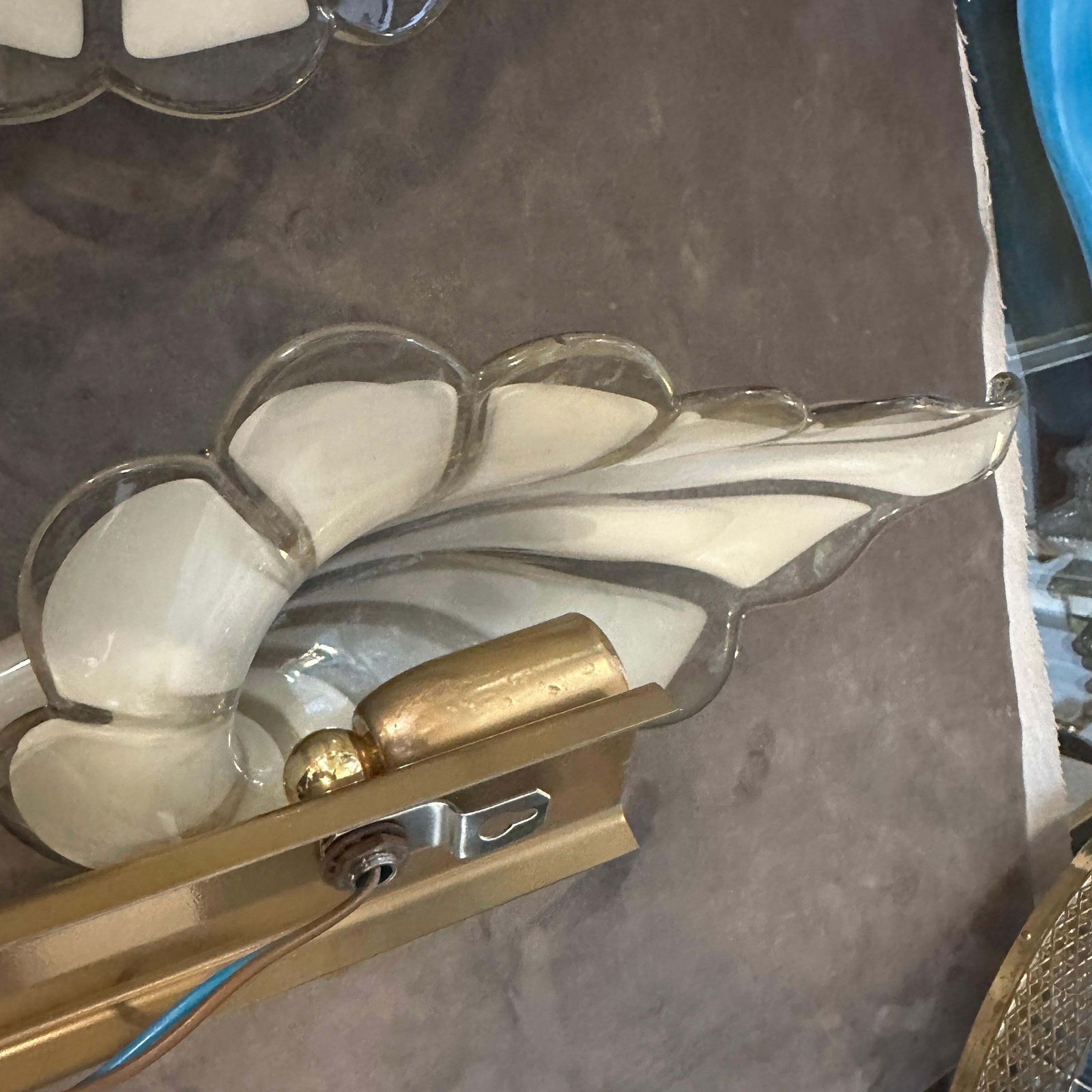 1970s Mid Century Modern Light Grey And Brass Murano Glass Sconce By Franco Luce photo Lighting